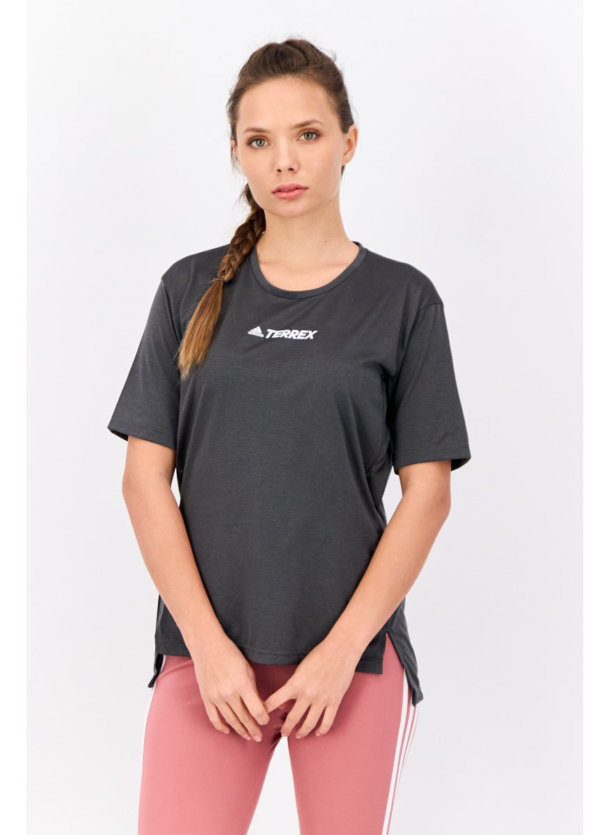 Women Sportswear Fit Short Sleeves Training Top, Charcoal Grey