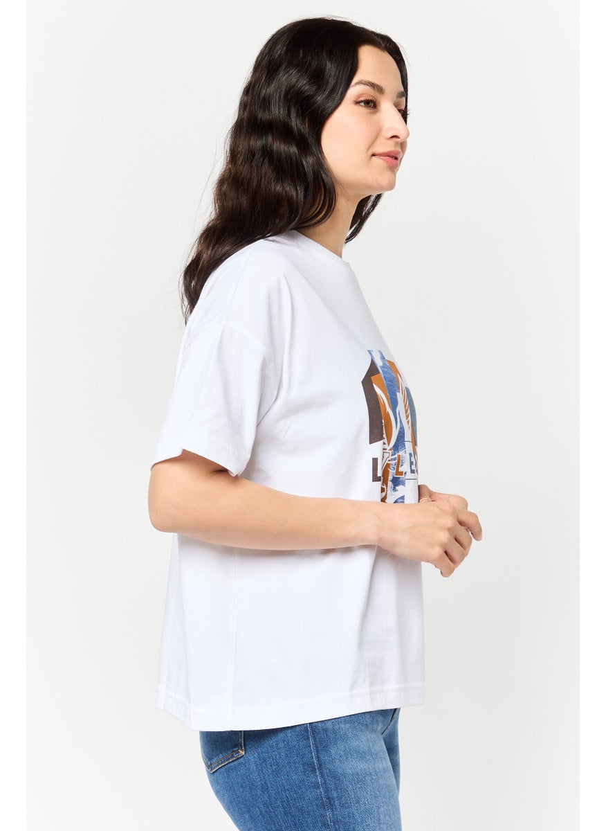 Women Crew Neck Short Sleeves Graphic Print T-Shirt, White