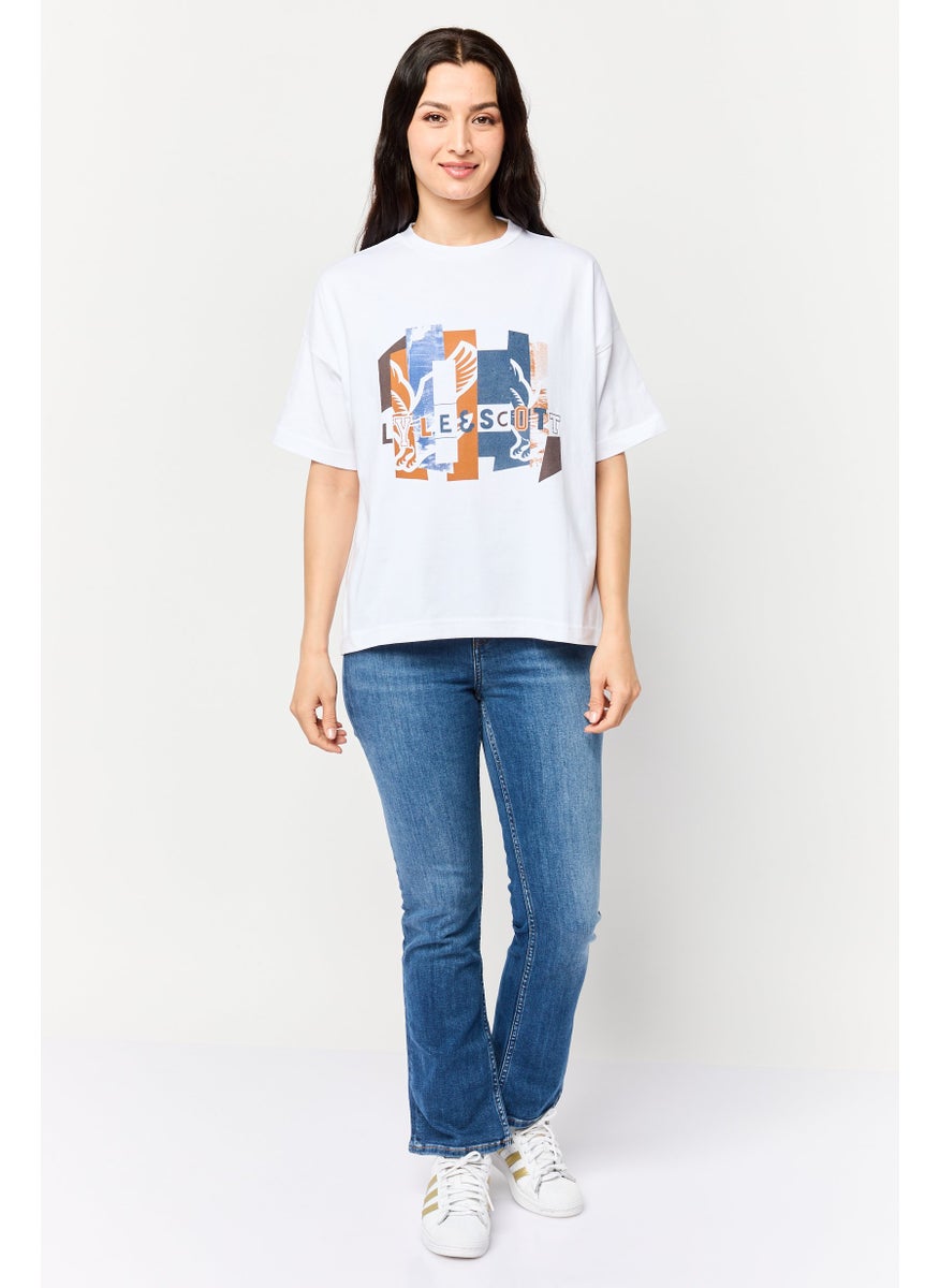 Women Crew Neck Short Sleeves Graphic Print T-Shirt, White
