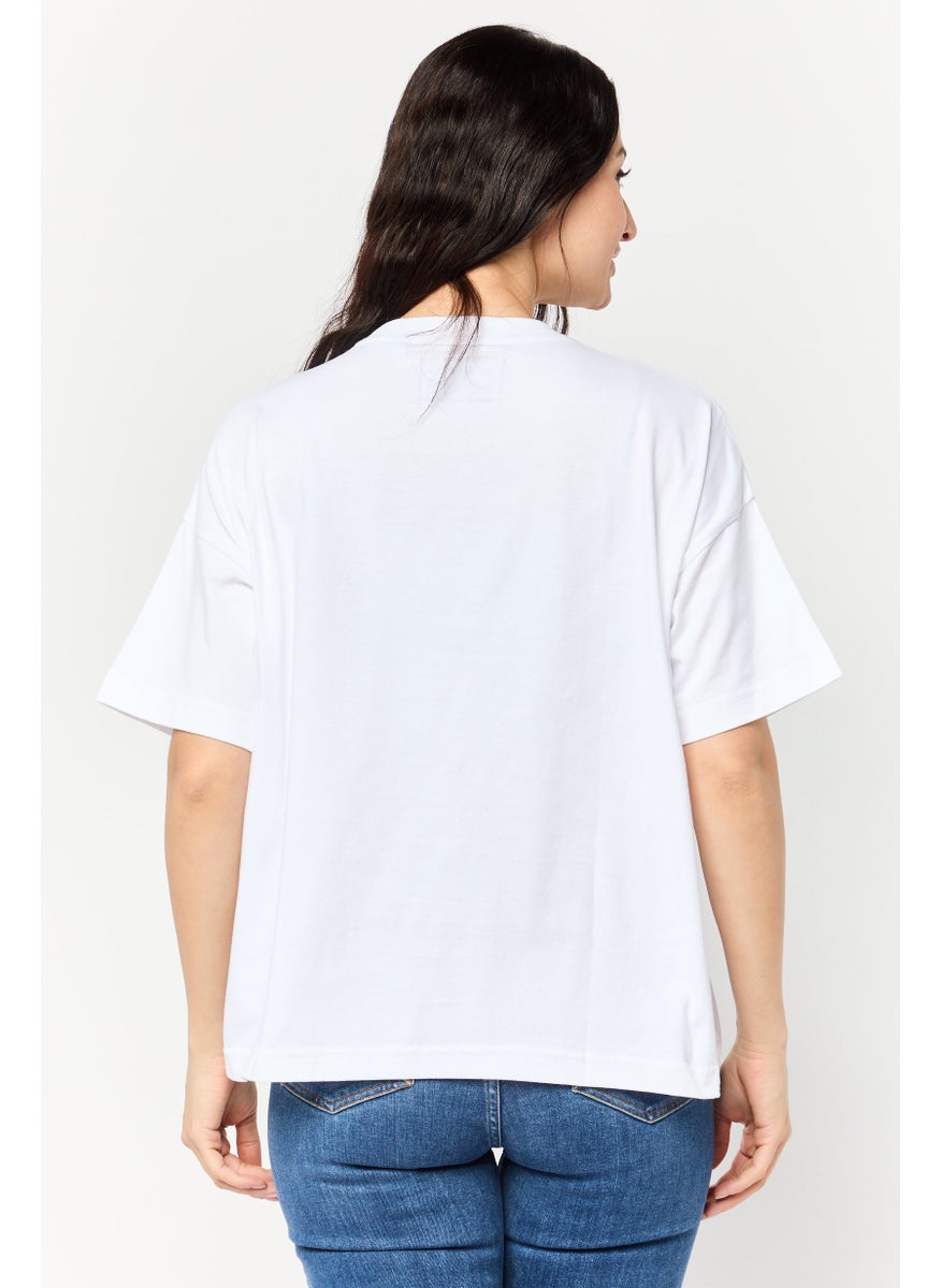 Women Crew Neck Short Sleeves Graphic Print T-Shirt, White
