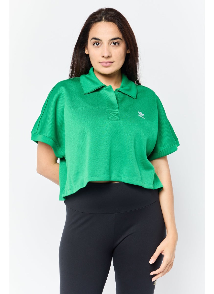 Women Oversized Fit Short Sleeve Outdoor Crop Polo Shirt, Green