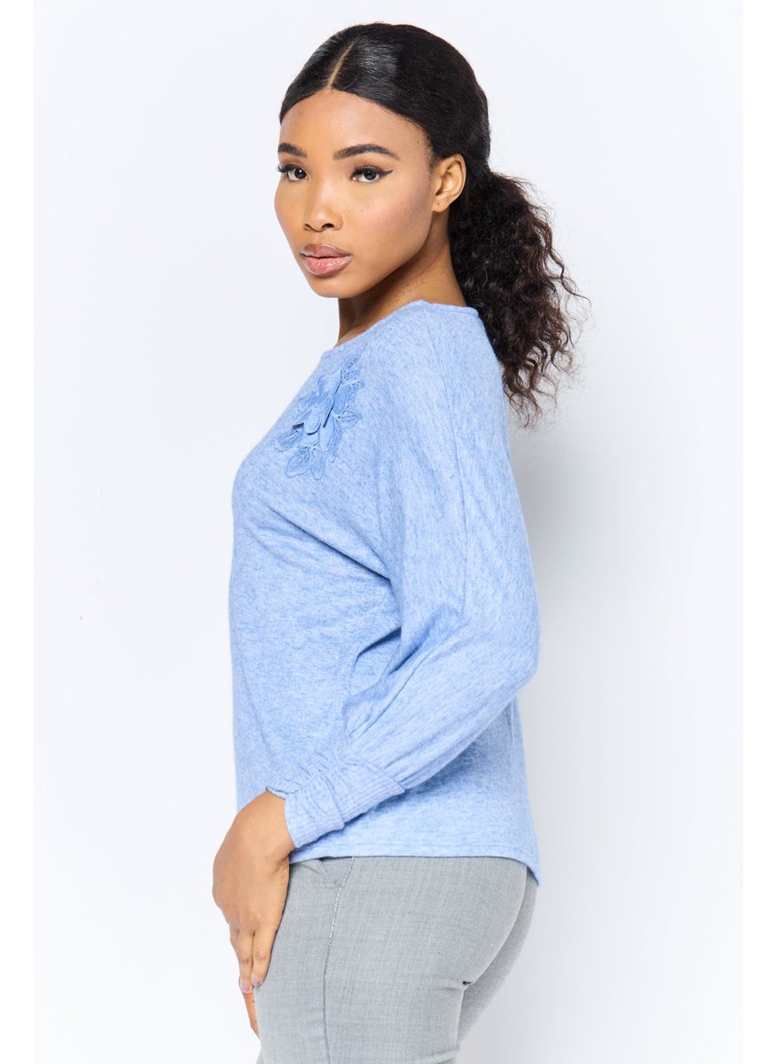 Women Round Neck Long Sleeves Heather Top, Blue