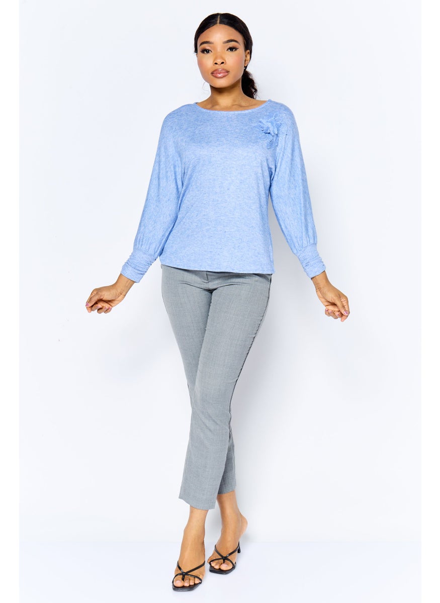 Women Round Neck Long Sleeves Heather Top, Blue