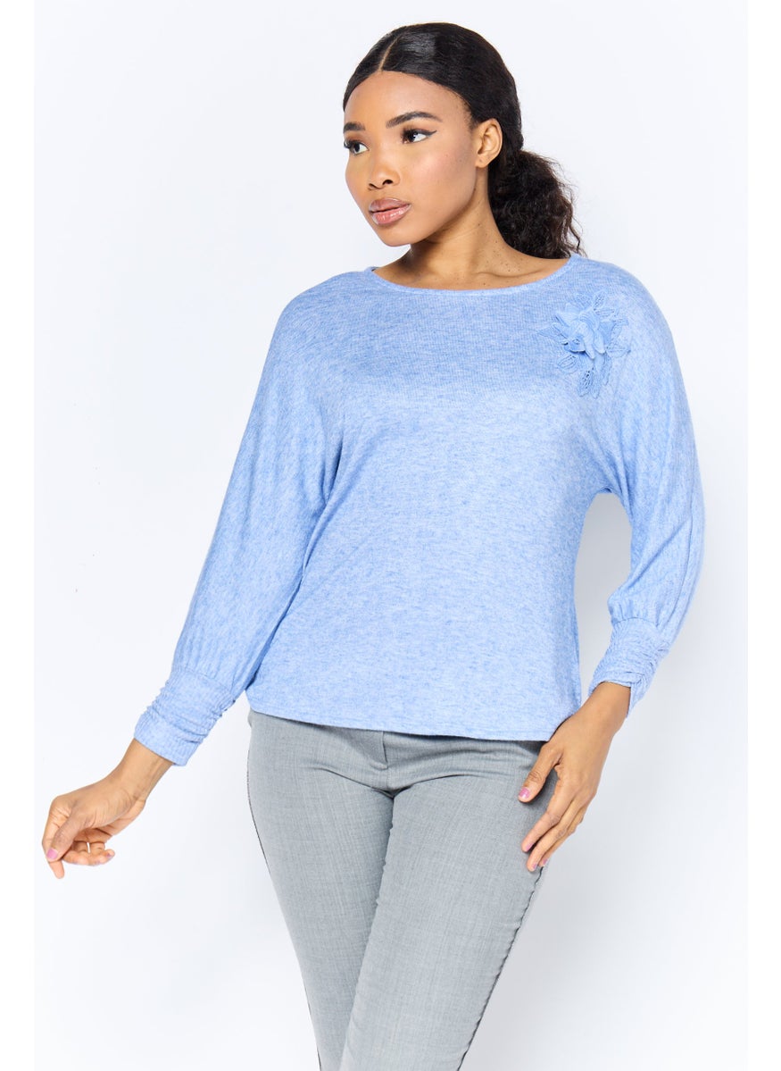 Women Round Neck Long Sleeves Heather Top, Blue