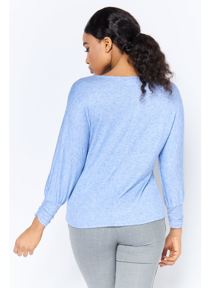Women Round Neck Long Sleeves Heather Top, Blue