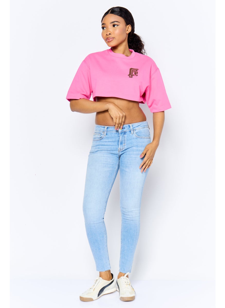 Women 2 Pieces Crew Neck Long Sleeves Graphic Print Top, Pink/Black
