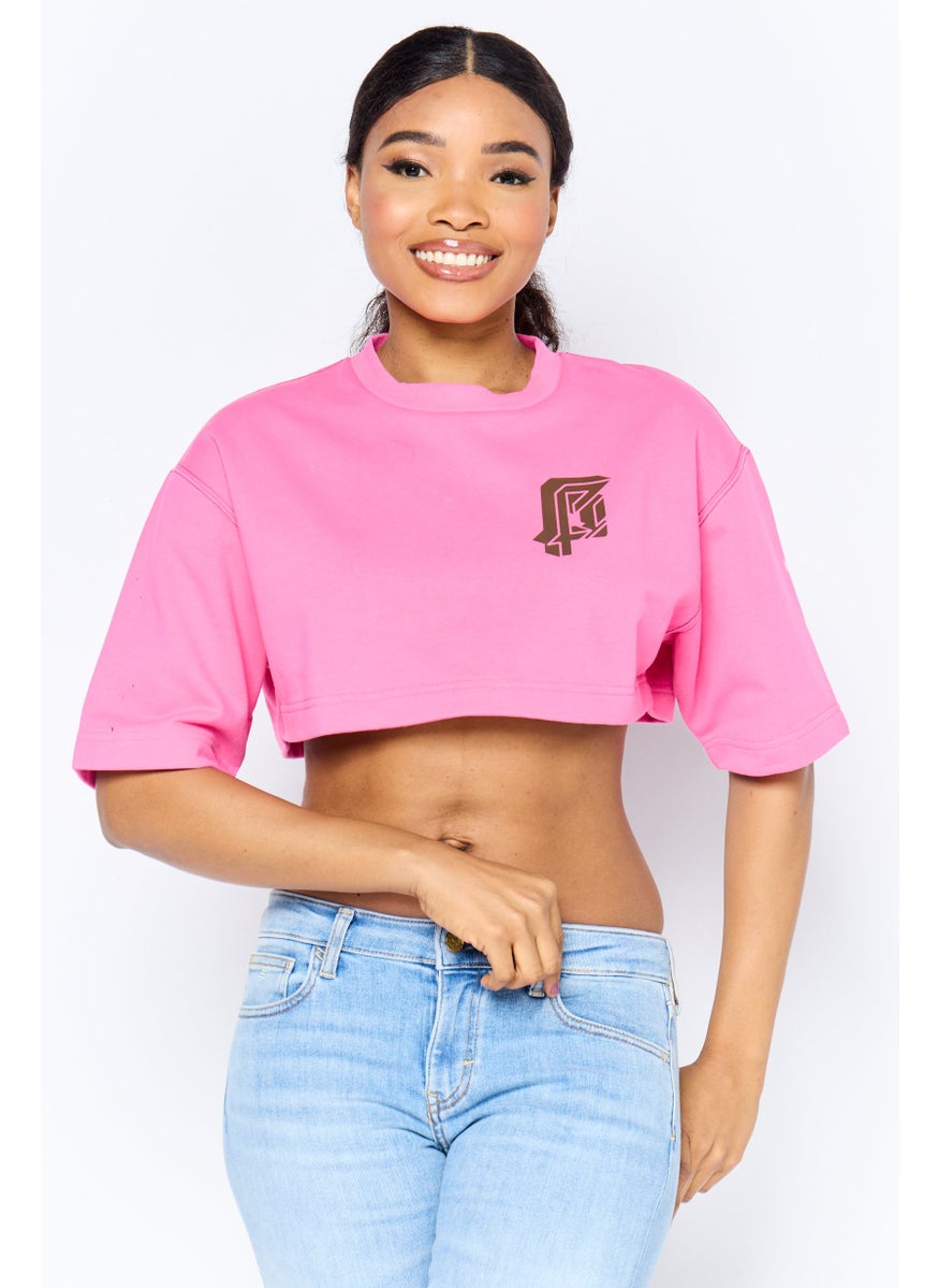 Women 2 Pieces Crew Neck Long Sleeves Graphic Print Top, Pink/Black
