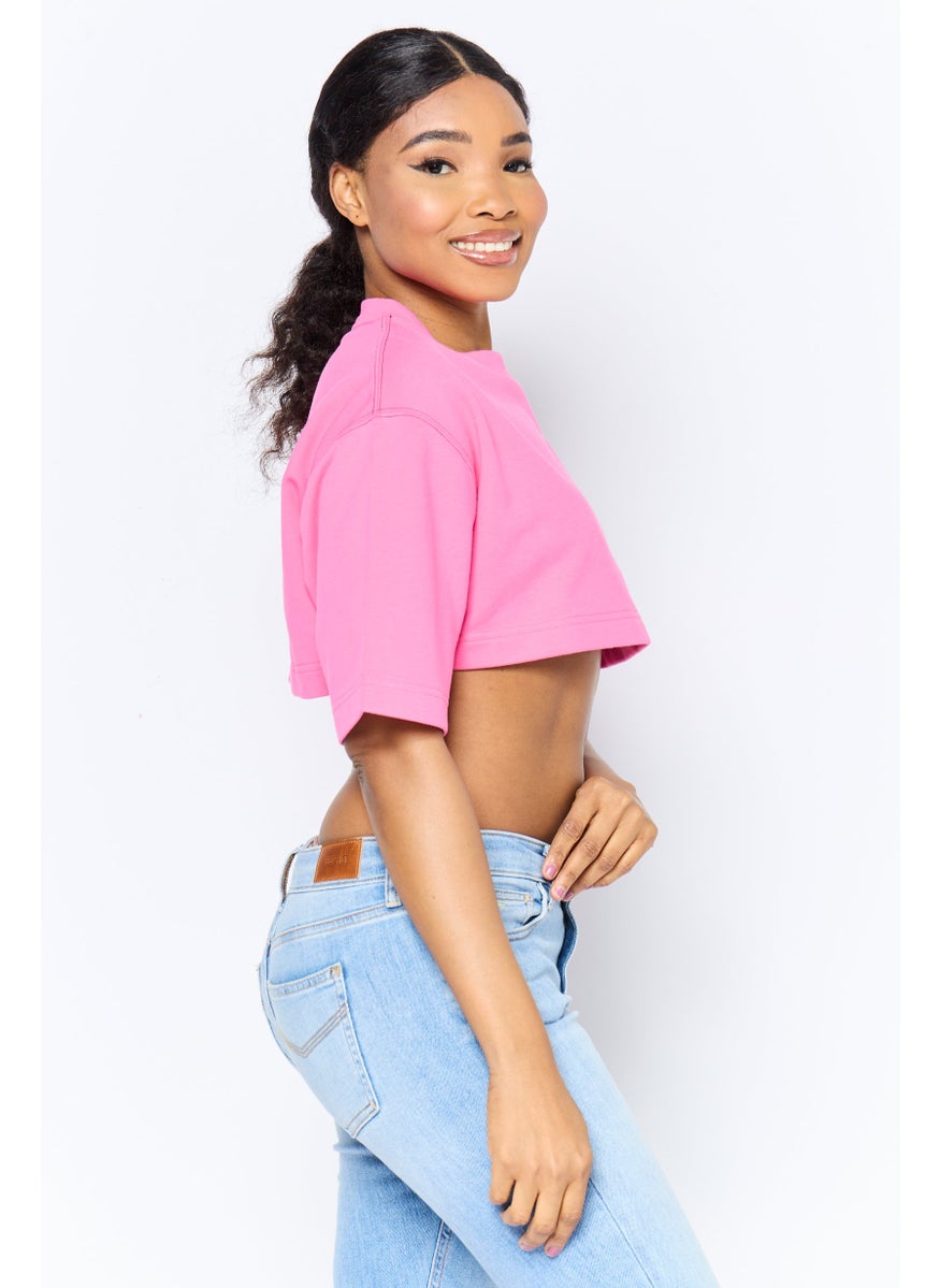 Women 2 Pieces Crew Neck Long Sleeves Graphic Print Top, Pink/Black