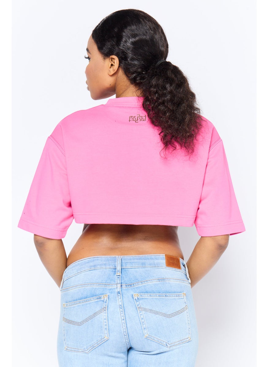 Women 2 Pieces Crew Neck Long Sleeves Graphic Print Top, Pink/Black
