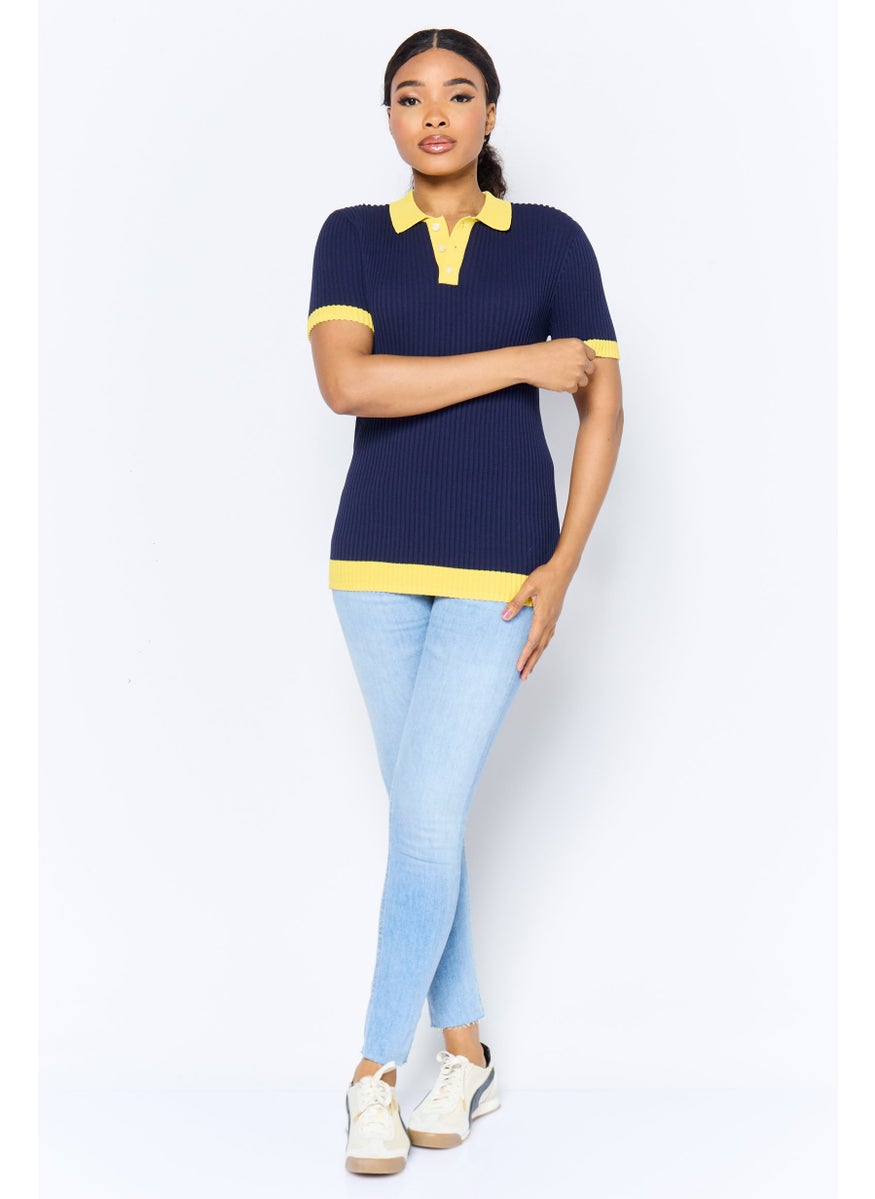 Women Regular Fit Short Sleeve Ribbed Polo Shirt, Navy