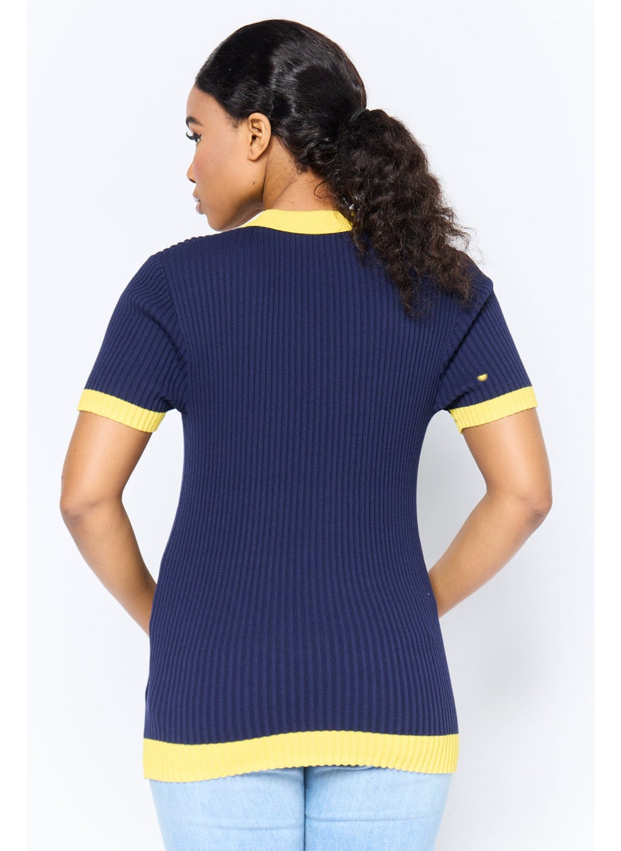 Women Regular Fit Short Sleeve Ribbed Polo Shirt, Navy