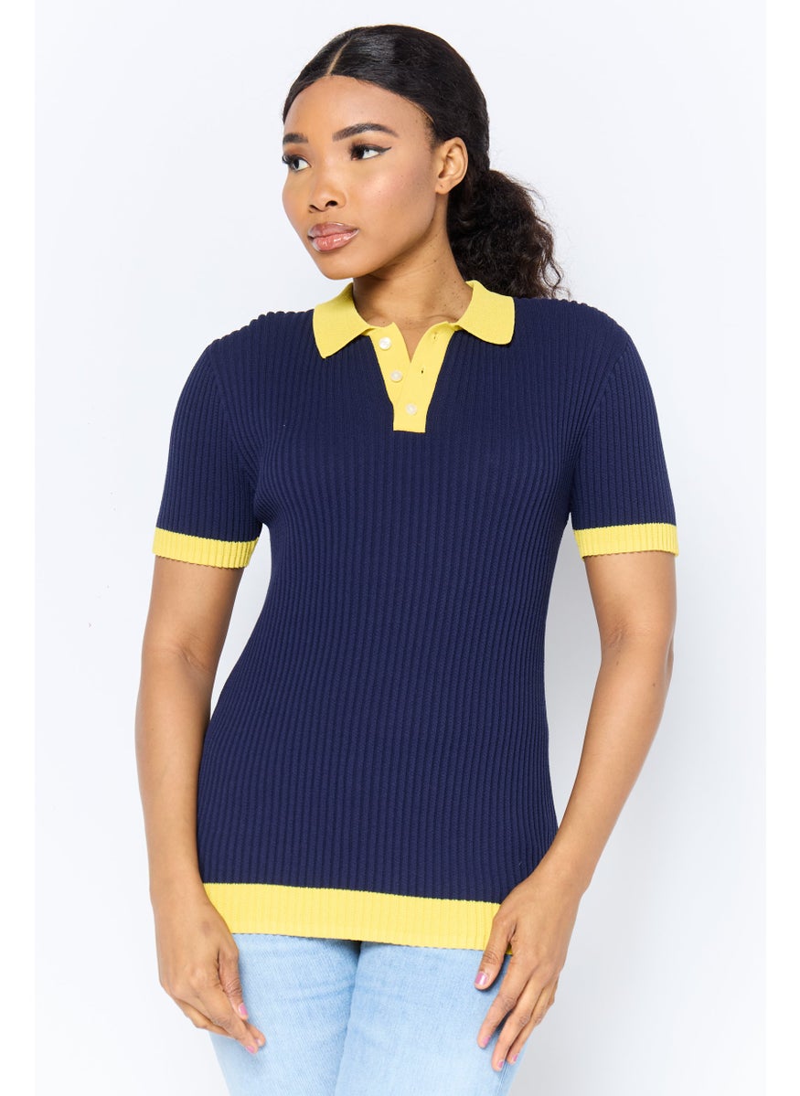 Women Regular Fit Short Sleeve Ribbed Polo Shirt, Navy