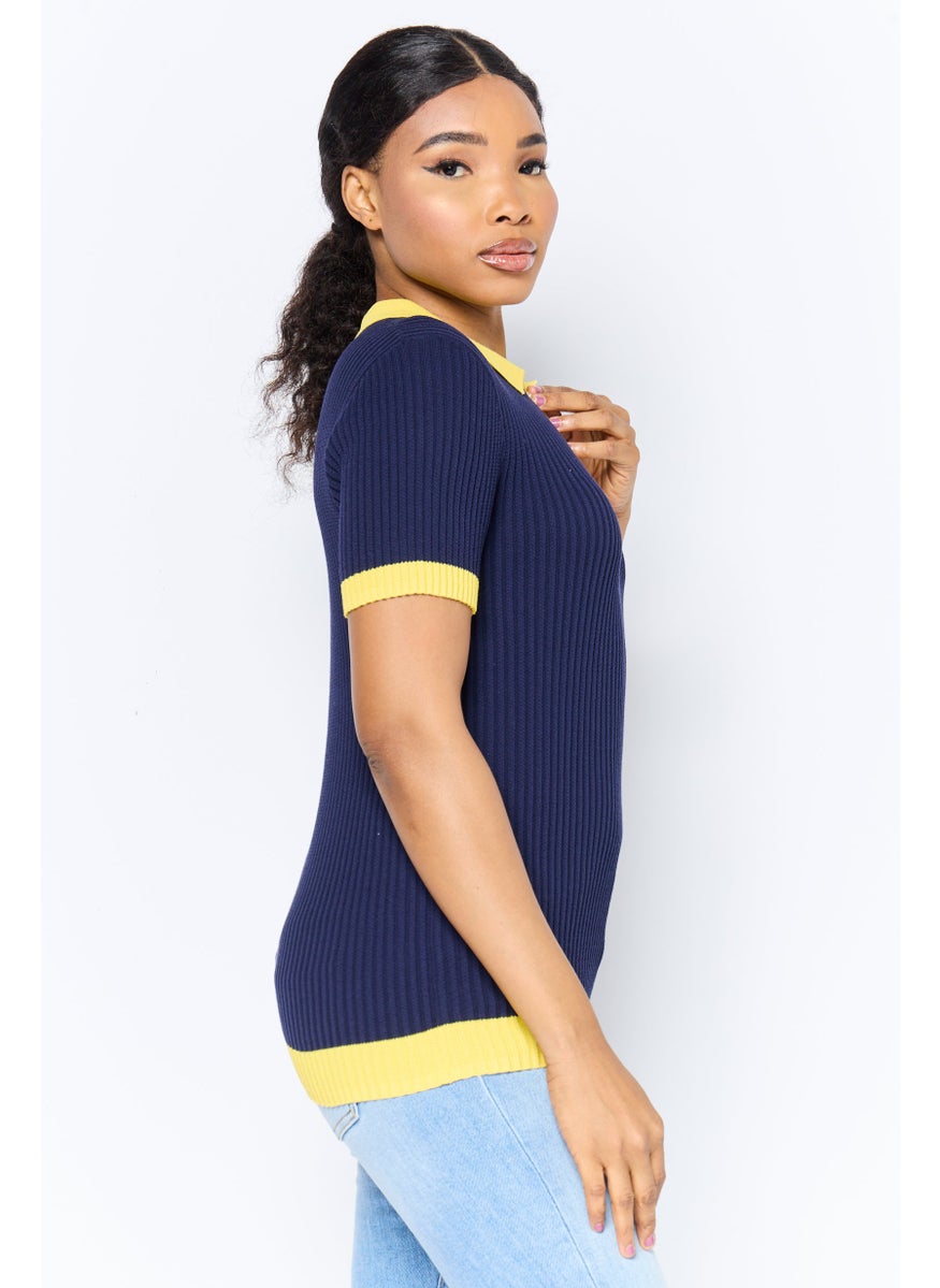 Women Regular Fit Short Sleeve Ribbed Polo Shirt, Navy