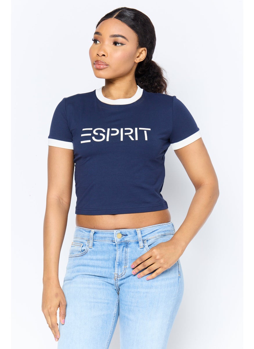 Women Crew Neck Short Sleeve Brand Logo T-Shirt, Navy