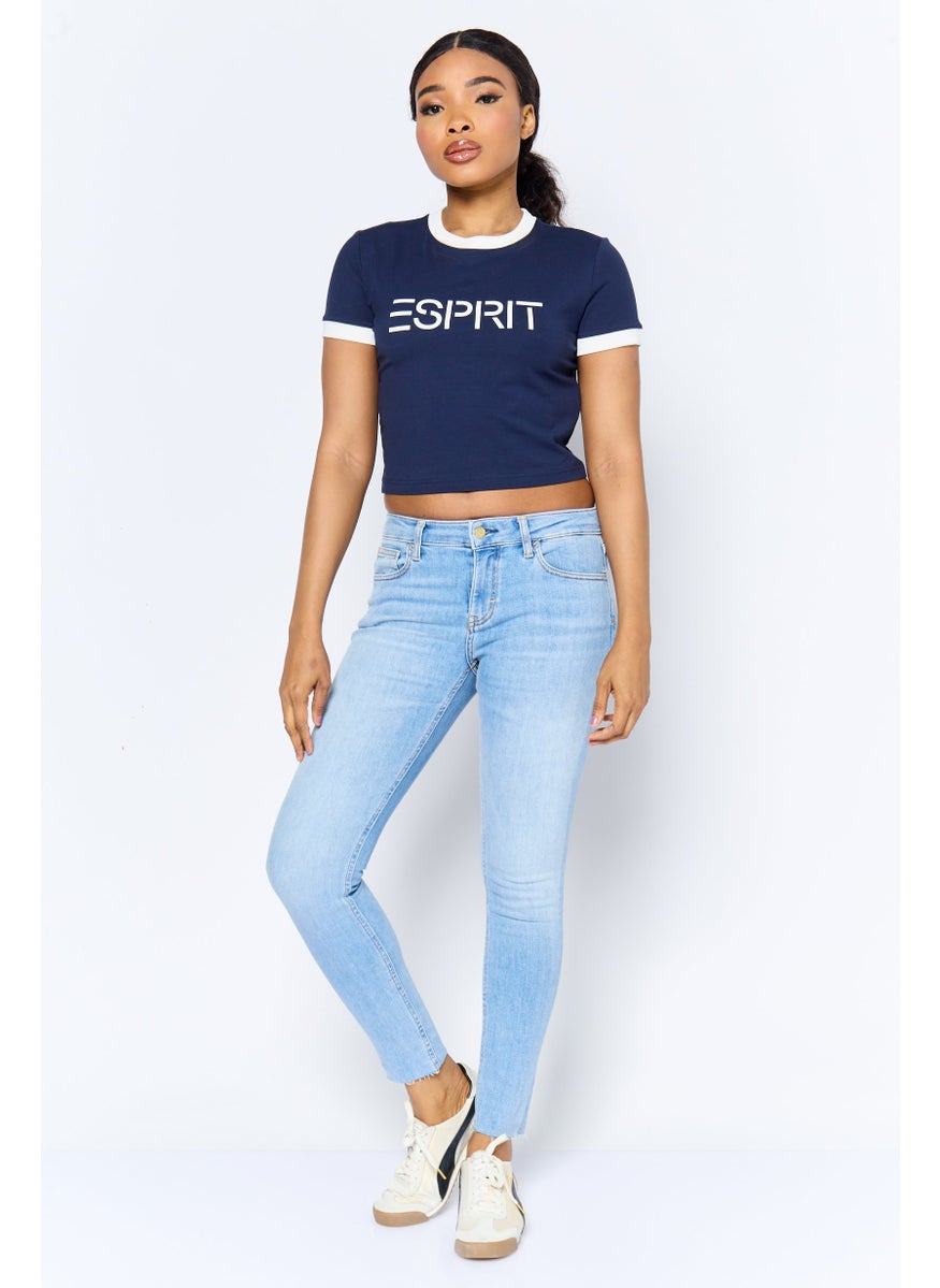 Women Crew Neck Short Sleeve Brand Logo T-Shirt, Navy
