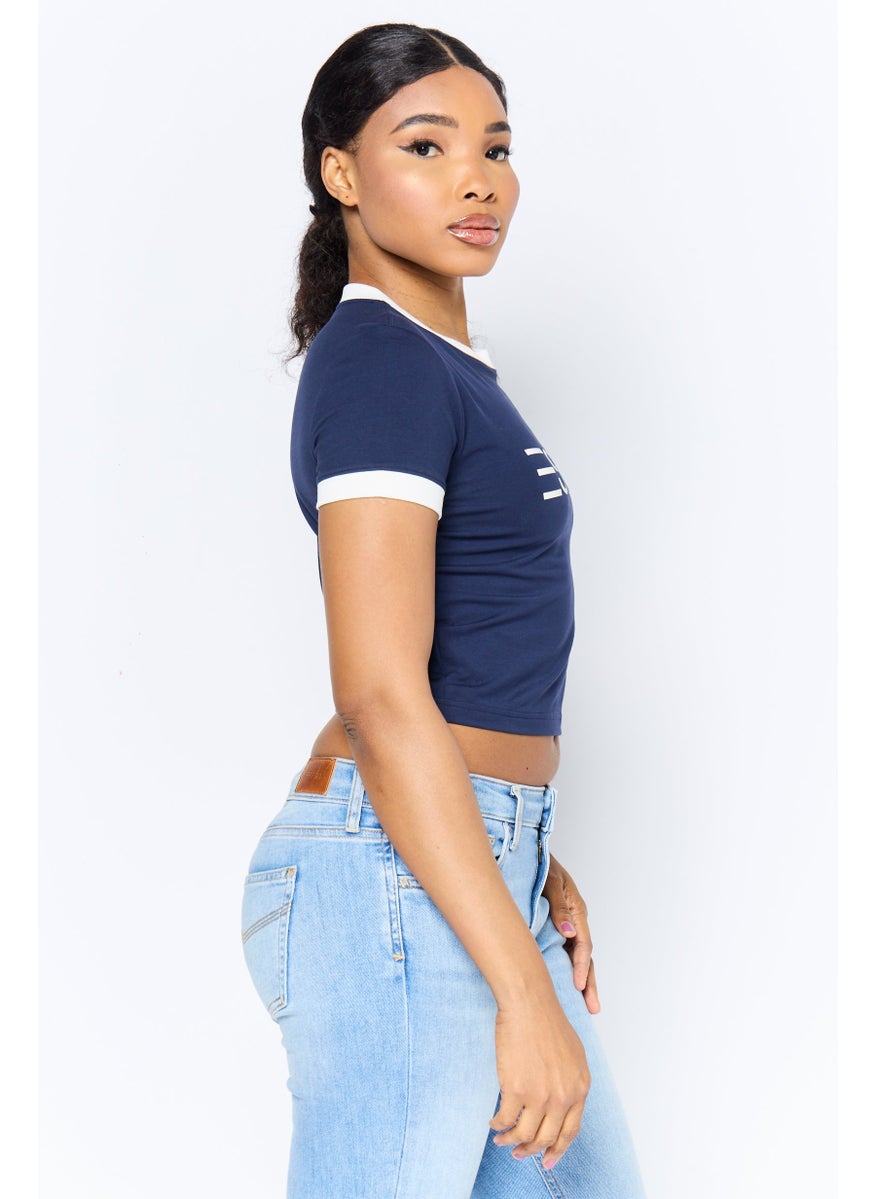 Women Crew Neck Short Sleeve Brand Logo T-Shirt, Navy