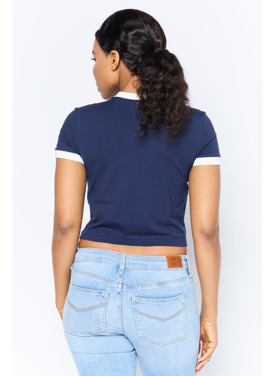 Women Crew Neck Short Sleeve Brand Logo T-Shirt, Navy
