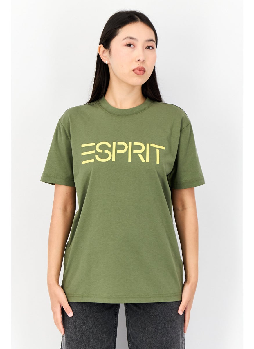 Women Crew Neck Short Sleeve Brand Logo T-Shirt, Olive
