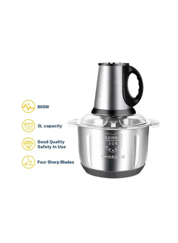 3L Stainless Steel Food Processor & Meat Chopper – Electric Blender with Double Blade, High-Speed Operation & Non-Slip Base