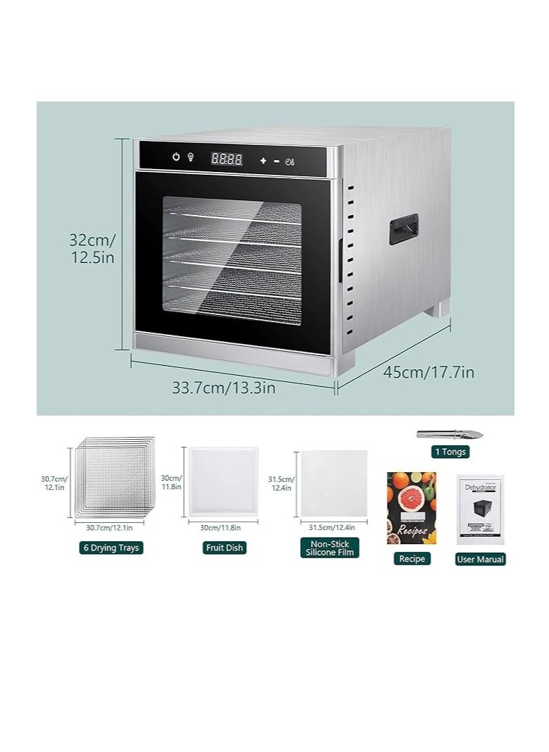 COOLBABY Food Dehydrator 6 Trays for Drying Meat Fruit Meat Pet Treats Herbs Durable Food Grade Stainless Steel Dehydrator 220V/700W Safety Overheat Protection 67 Free Recipes