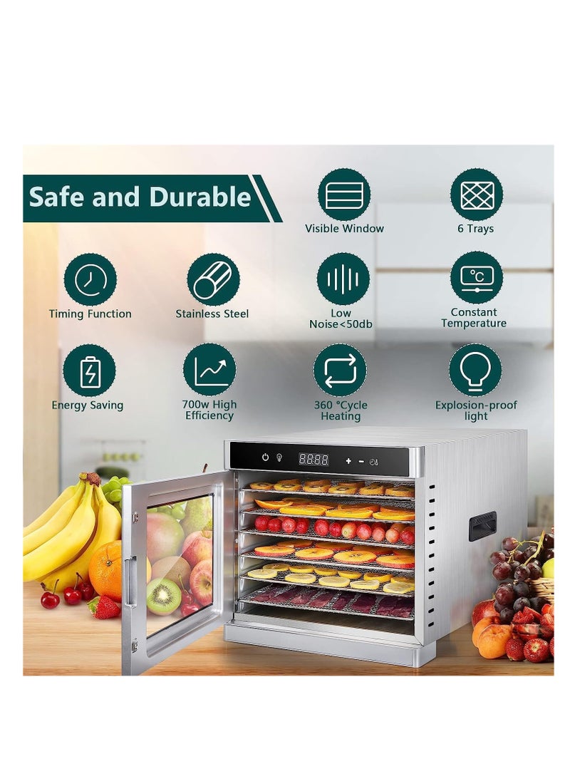 COOLBABY Food Dehydrator 6 Trays for Drying Meat Fruit Meat Pet Treats Herbs Durable Food Grade Stainless Steel Dehydrator 220V/700W Safety Overheat Protection 67 Free Recipes