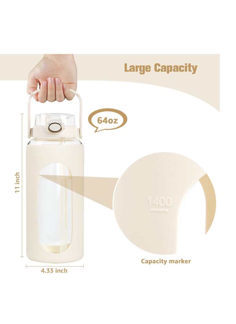 64oz Glass Water Bottles with Straw , Motivational Water Bottle with Silicone Sleeve & Double Drinking Lid Handle, Leakproof & BPA Free Reusable Clear Glass Water Jug (White)