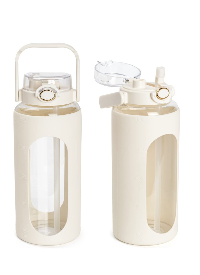 64oz Glass Water Bottles with Straw , Motivational Water Bottle with Silicone Sleeve & Double Drinking Lid Handle, Leakproof & BPA Free Reusable Clear Glass Water Jug (White)