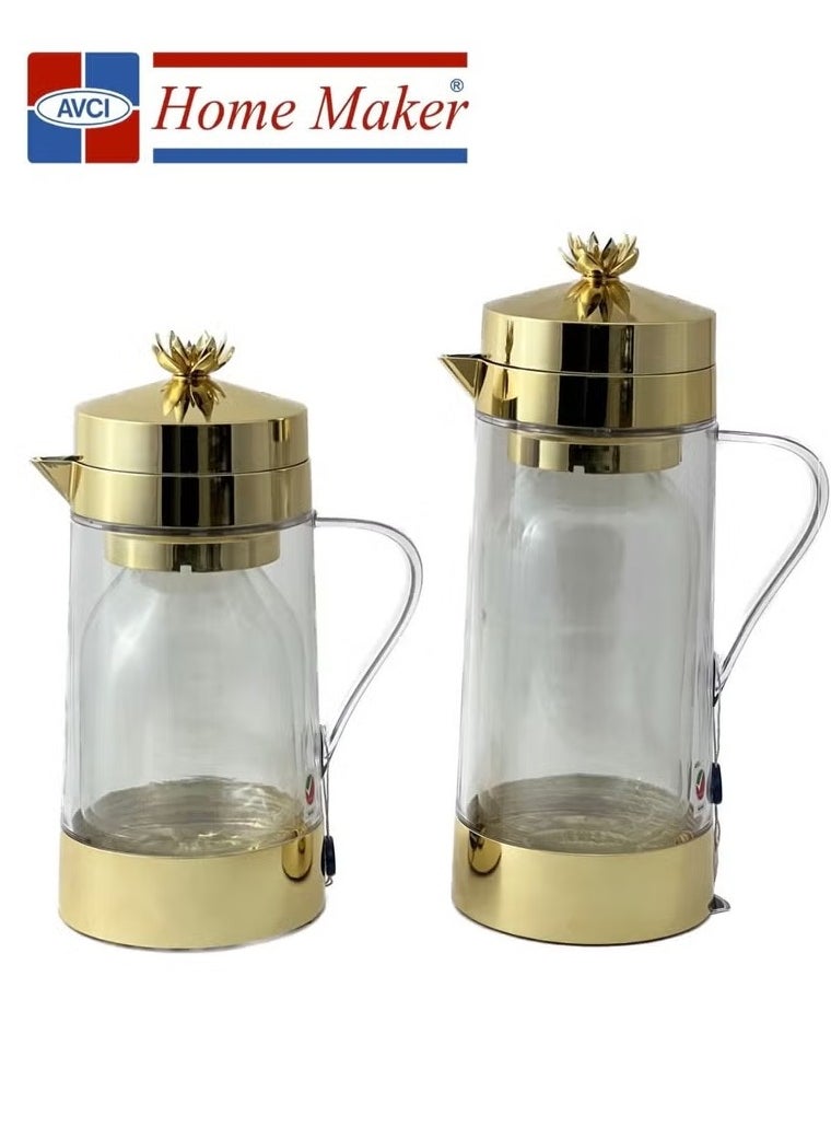 Premium 2-Piece Tea & Coffee Flask Set (Clear/Gold) – Quality Inner Glass, Keeps Drinks Hot for Up to 6 Hours, Ideal for Hot and Cold Beverages.
