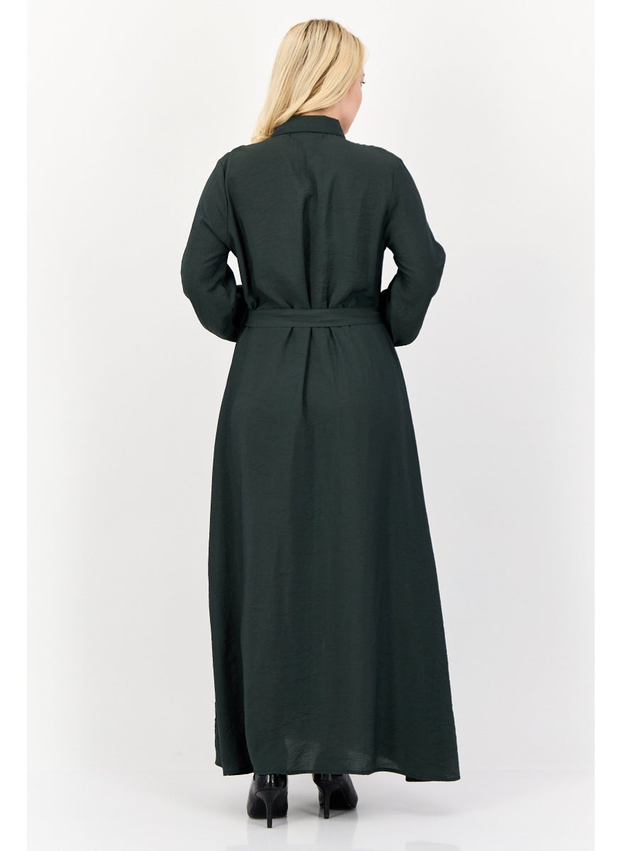 Women Plain Tie Closure Maxi Dress, Dark Green