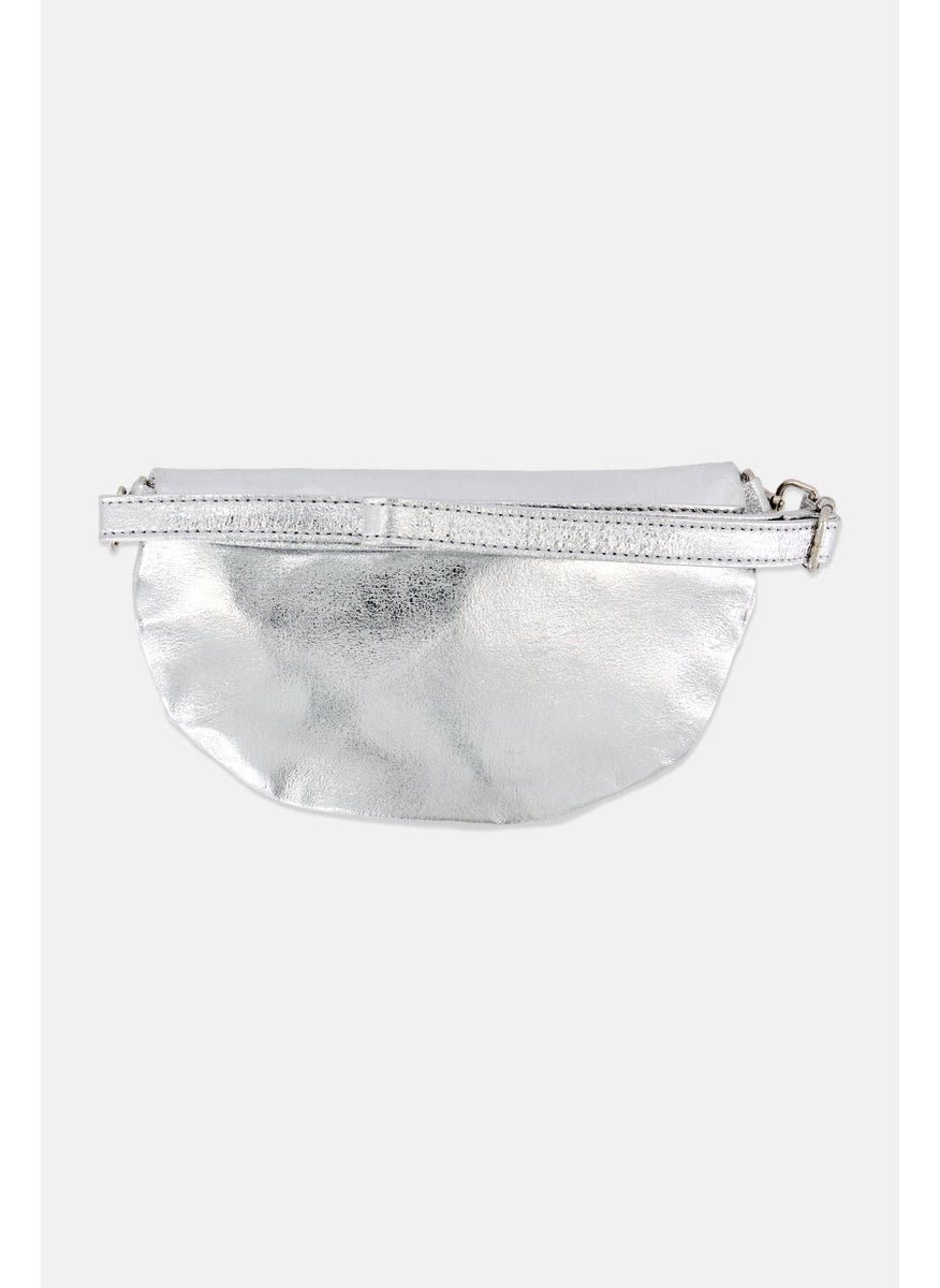 Women Brand Logo Metallic Cross Body Bag, Silver