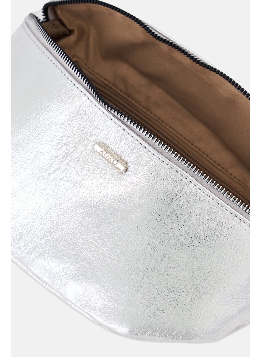 Women Brand Logo Metallic Cross Body Bag, Silver