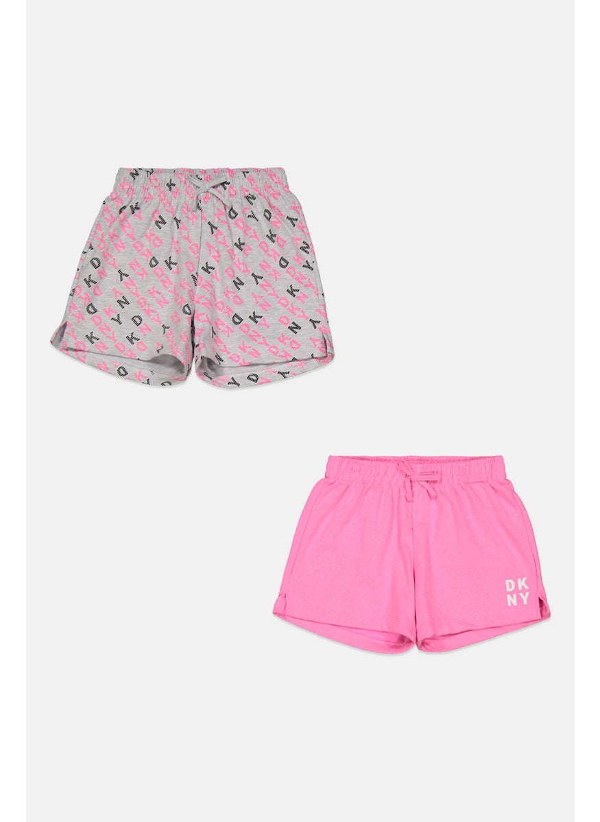 Kids Girl 2 Packs Allover Print Basic Shorts, Pink/Grey