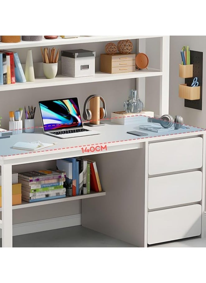 Desk with 2 Storage Shelves and Large 3 Drawers PC Multifunctional Home Office Modern Laptop Sturdy Shelves Simple Stylish Workstation Study Table 140x75x50cm