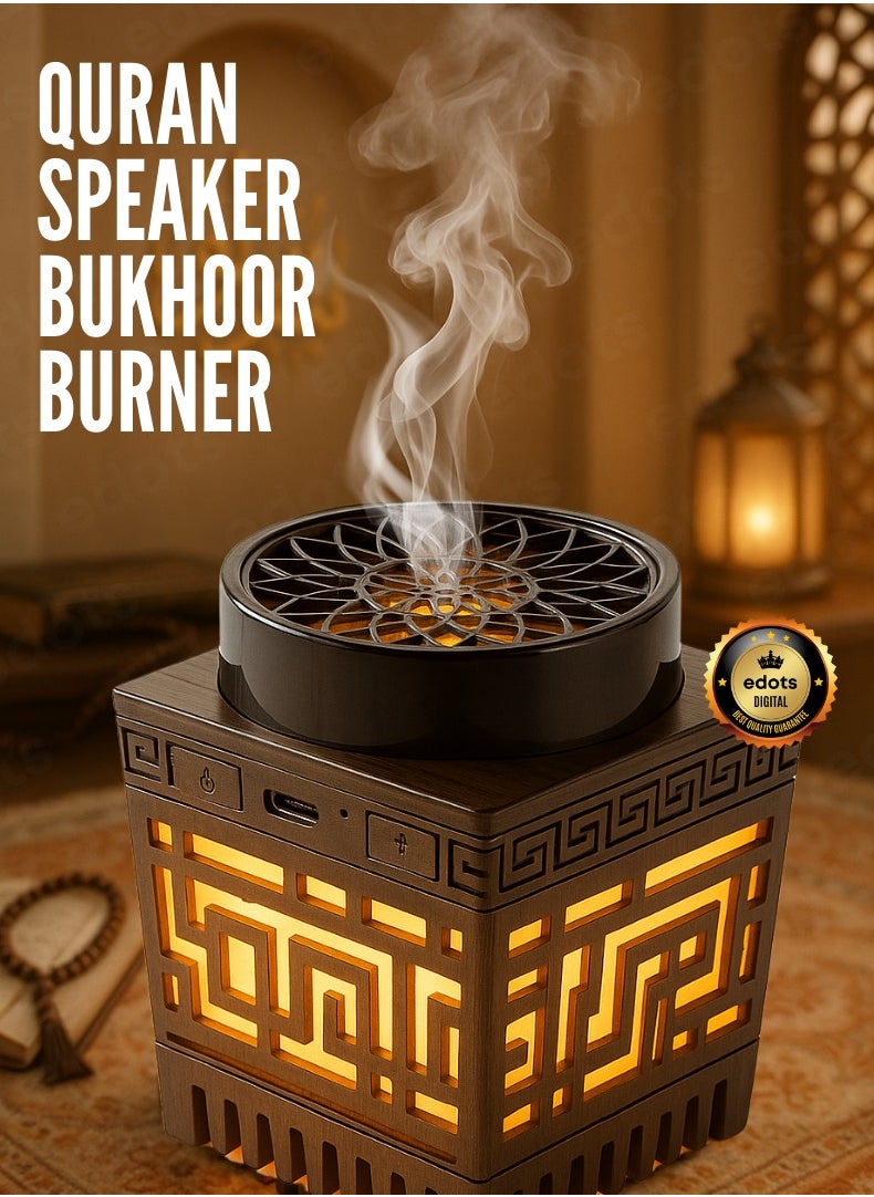 Multifunctional Quran Speaker with Arabic Electric Bakhoor Burner – 16 Reciters, App & Remote Control, Night Light & Bluetooth Audio