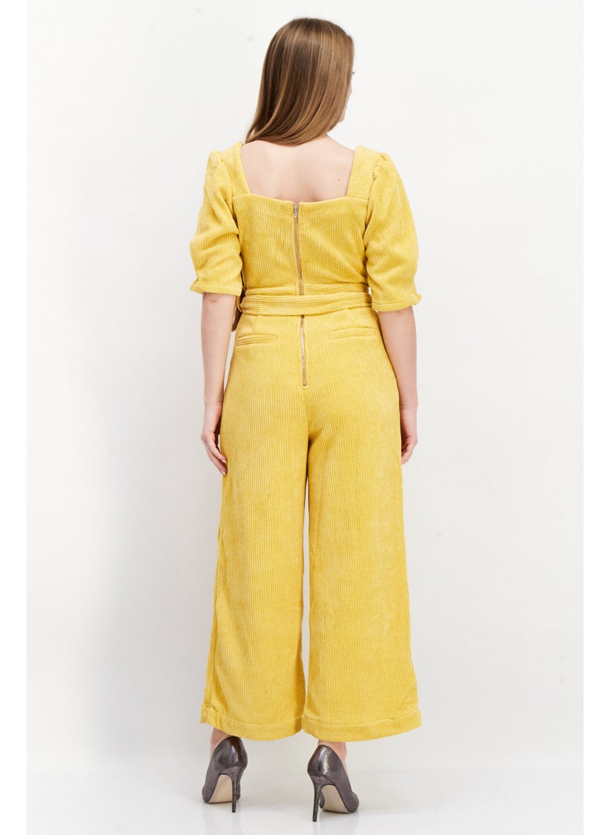 Women Square Neck Belted Jumpsuit, Yellow