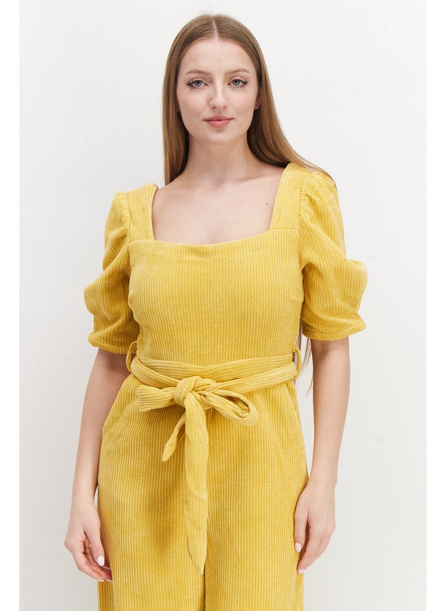 Women Square Neck Belted Jumpsuit, Yellow