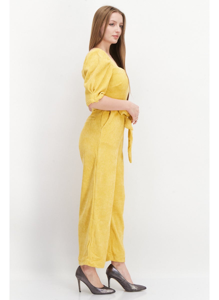 Women Square Neck Belted Jumpsuit, Yellow