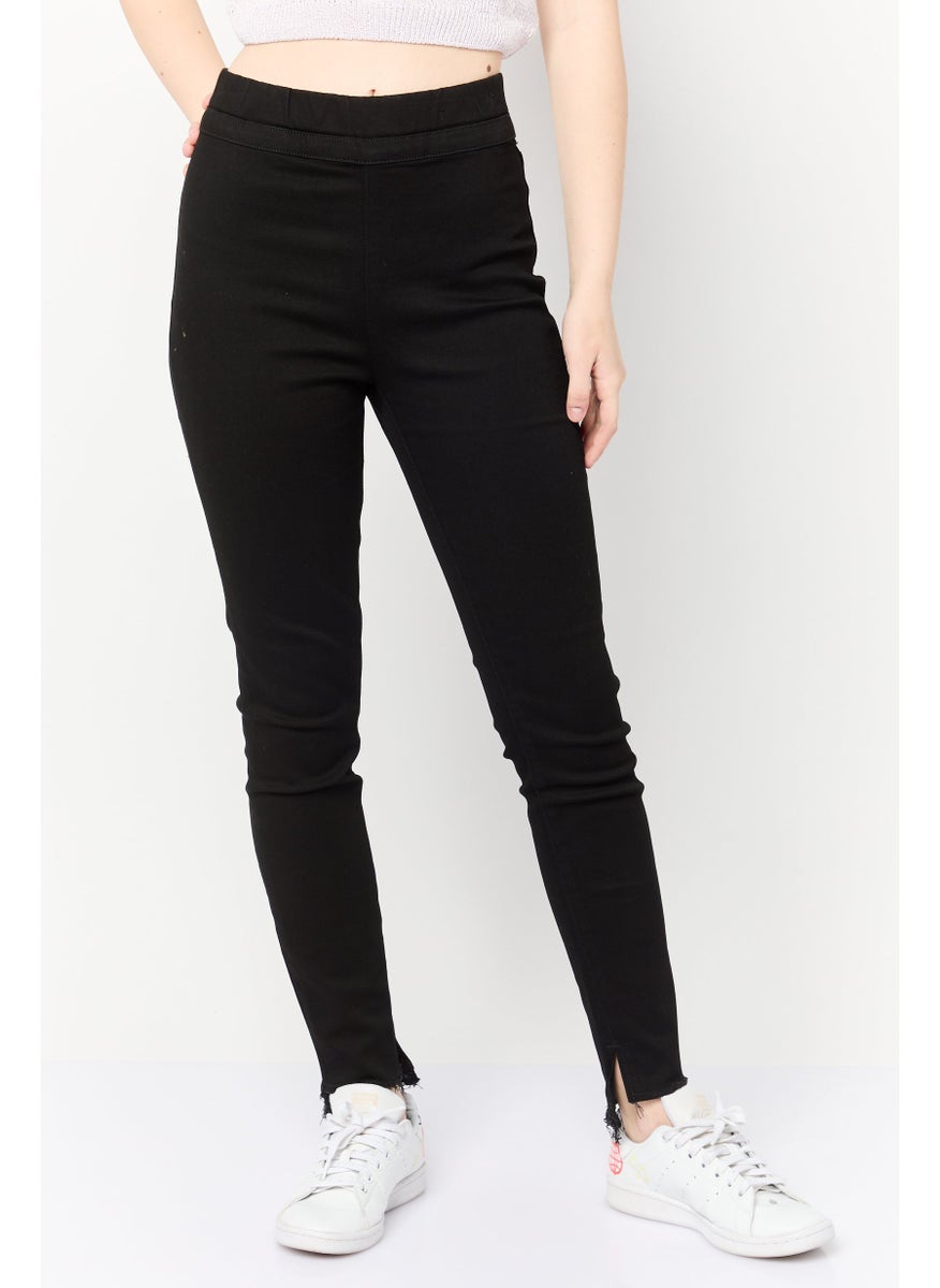 Women Plain Pull On Denim Jeans, Black