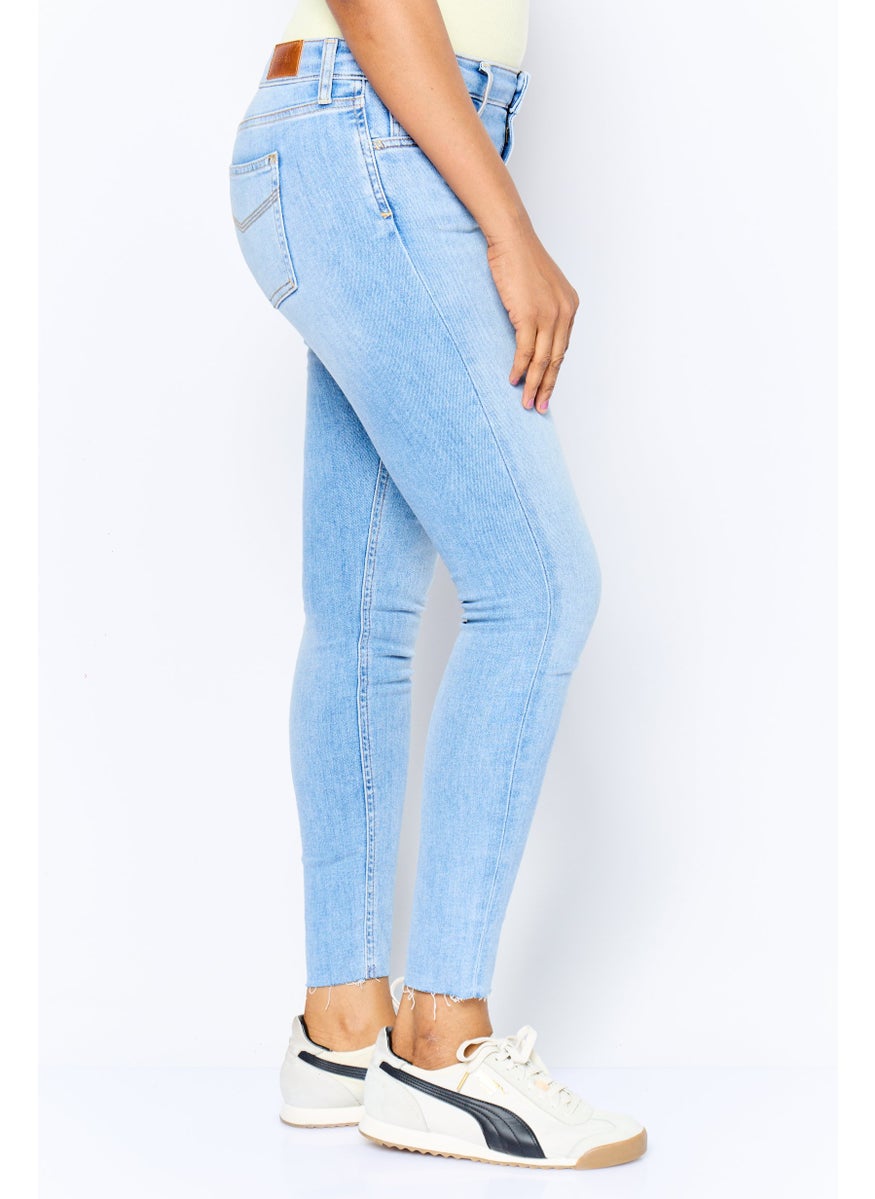 Women Mid Skinny Ankle Washed Denim Jeans, Blue