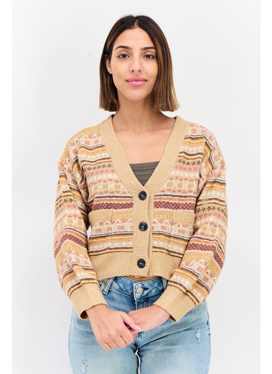 Women V-Neck Crochet Patten Cardigans, Multicolor