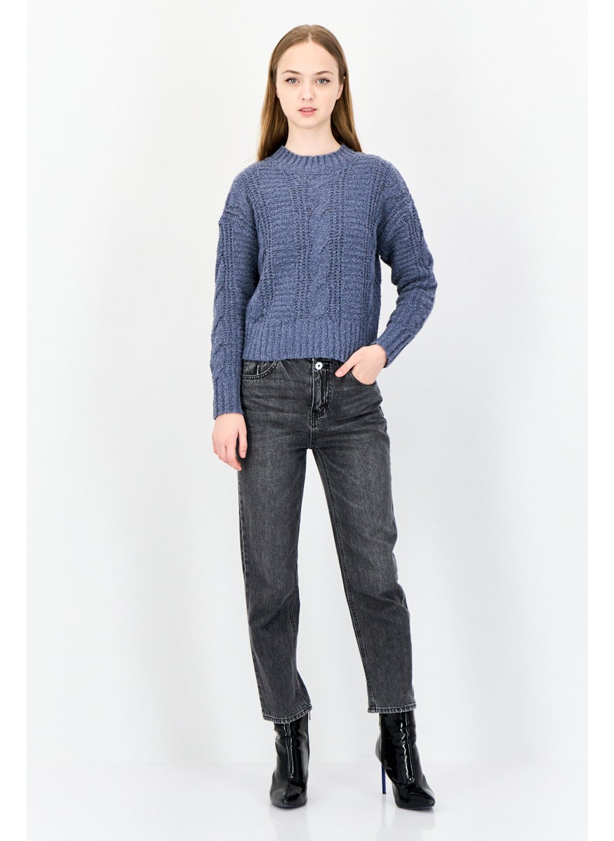 Women Ribbed Collar Textured Sweater, Ash Blue