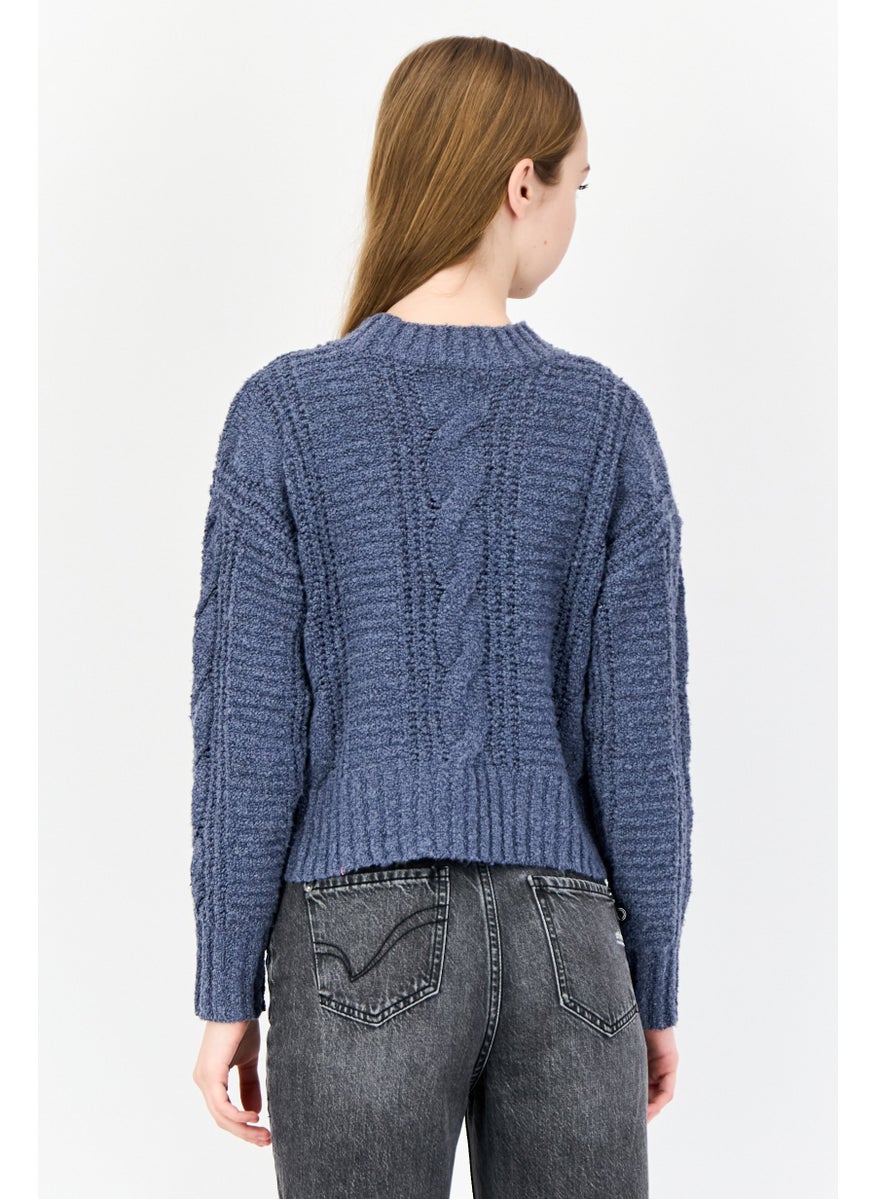 Women Ribbed Collar Textured Sweater, Ash Blue