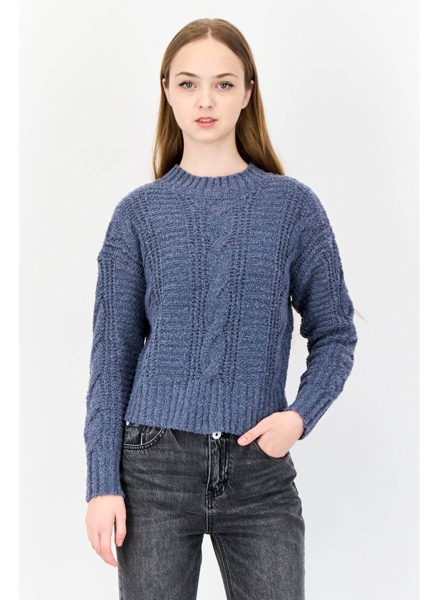 Women Ribbed Collar Textured Sweater, Ash Blue