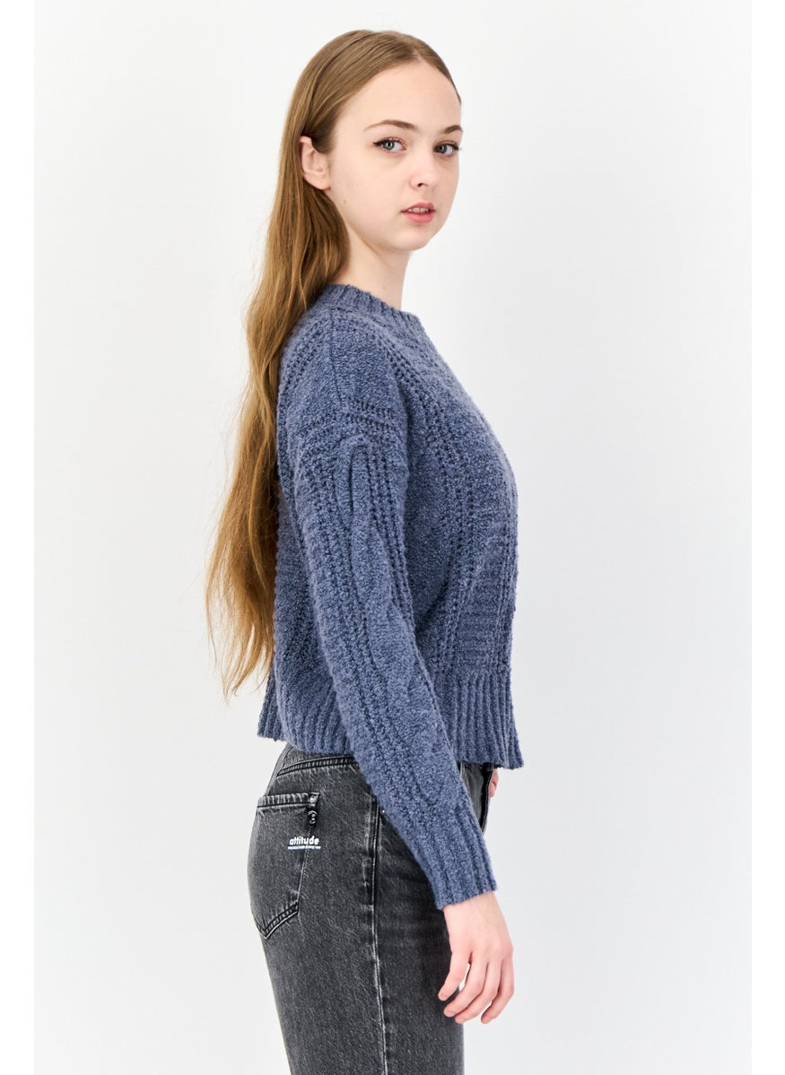 Women Ribbed Collar Textured Sweater, Ash Blue