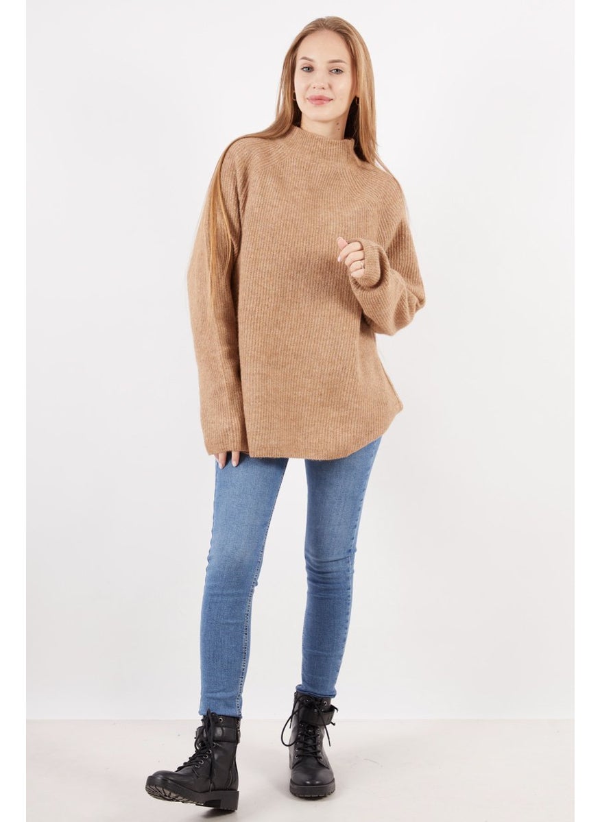 Women Mock Neck Knitted Long Sleeve Sweaters, Brown
