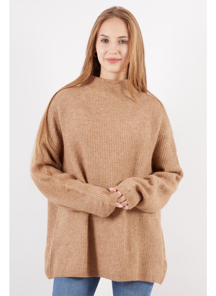 Women Mock Neck Knitted Long Sleeve Sweaters, Brown