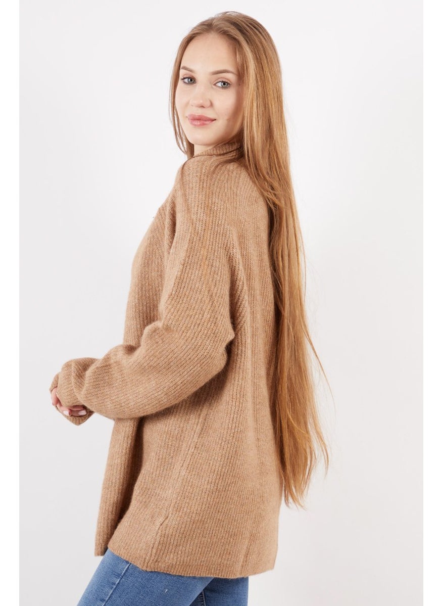 Women Mock Neck Knitted Long Sleeve Sweaters, Brown