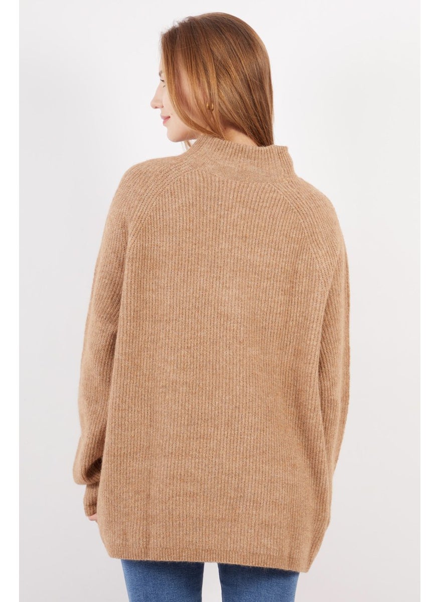 Women Mock Neck Knitted Long Sleeve Sweaters, Brown