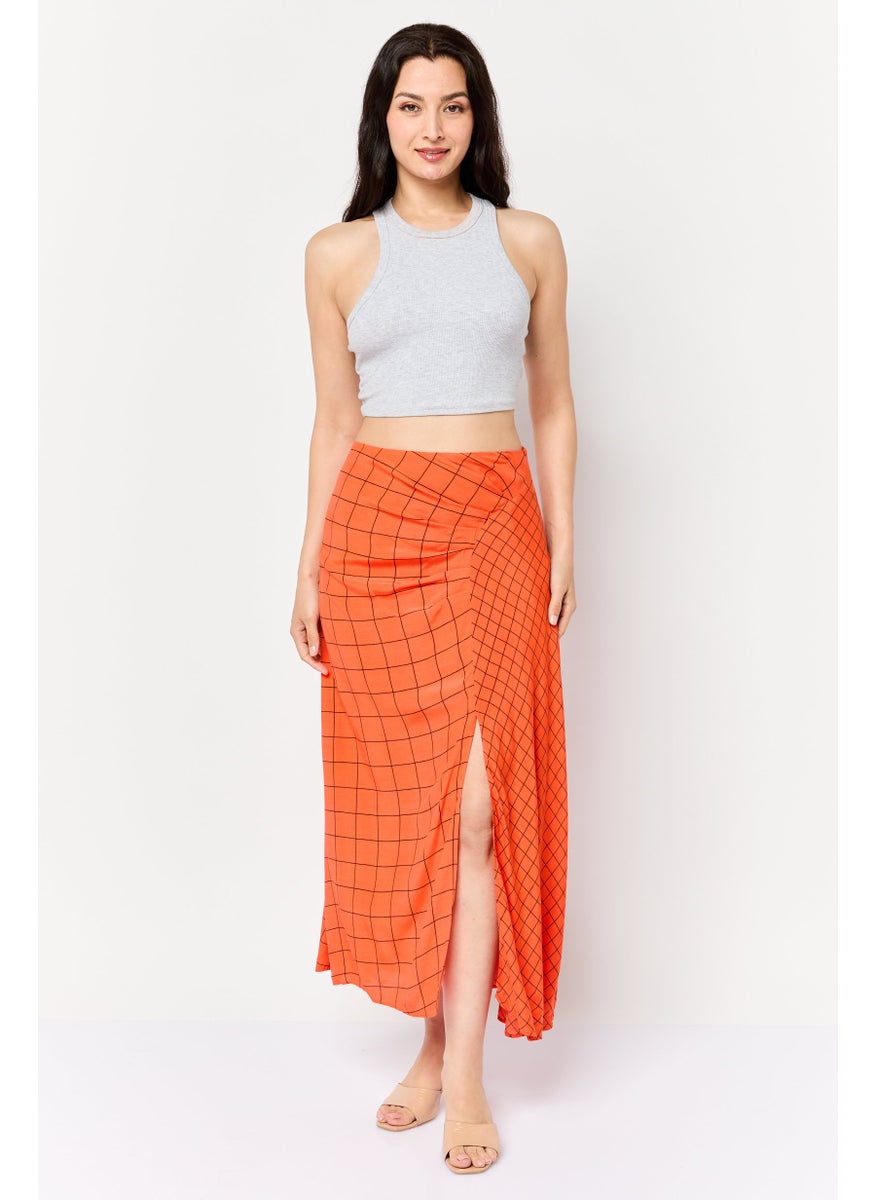 Women Windowpane Pattern Midi Skirt, Dark Orange