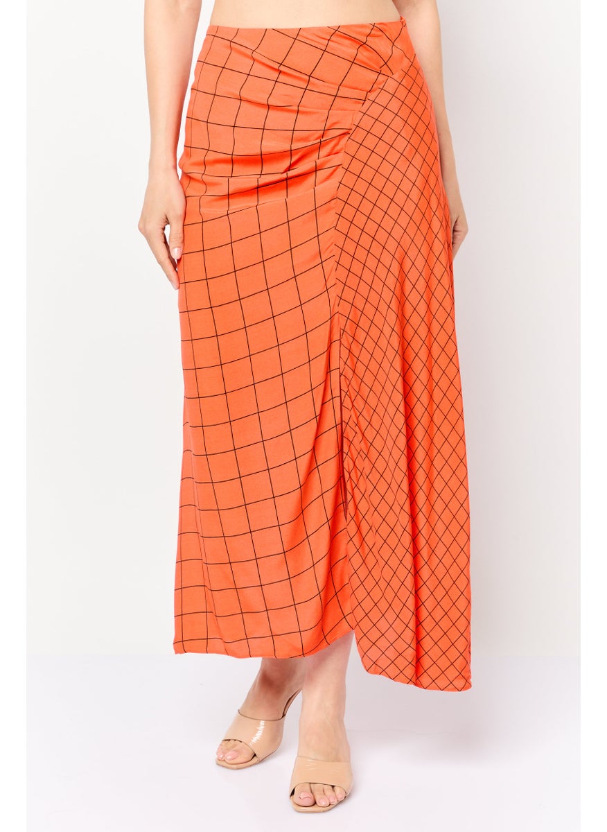 Women Windowpane Pattern Midi Skirt, Dark Orange